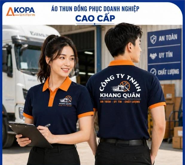 Nam nữ nhân viên mặc áo polo đồng phục màu xanh navy cổ cam in logo công ty vận tải, logistics, mặt trước và mặt sau – AKOPA