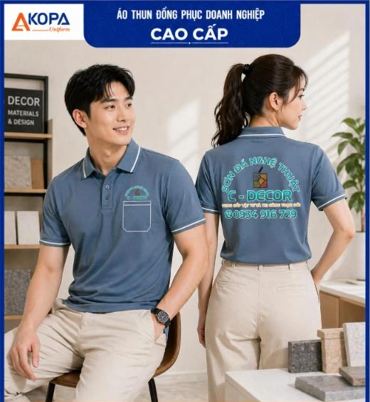 Áo polo đồng phục màu xanh xám có túi ngực in logo công ty sơn đá nghệ thuật – APL07