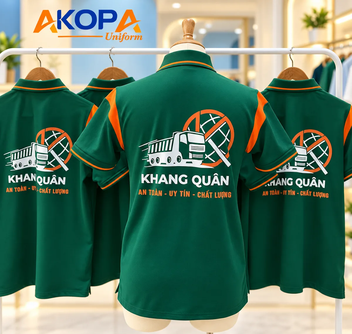 Áo polo đồng phục công ty vận tải màu xanh rêu phối cam, in logo lớn sau lưng – AKOPA