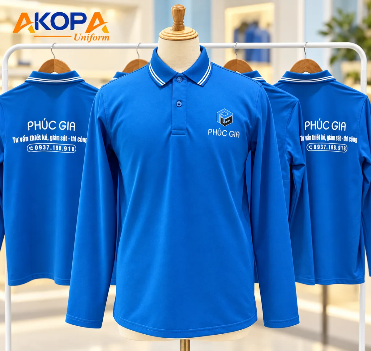 Áo polo tay dài đồng phục công trình màu xanh dương – AKOPA
