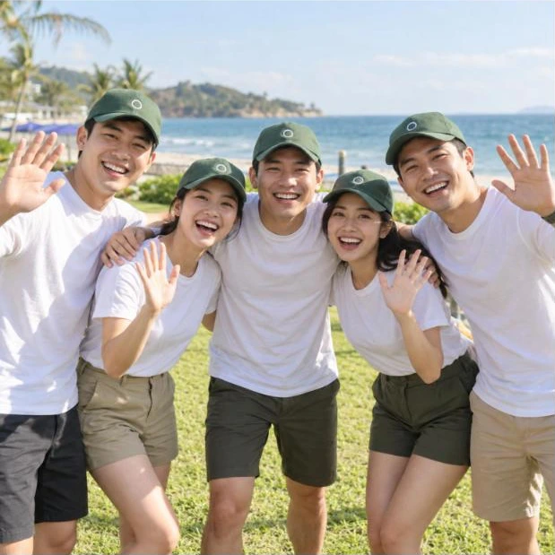 Nhân viên công ty đội nón lưỡi trai màu xanh rêu trong buổi team building – AKOPA