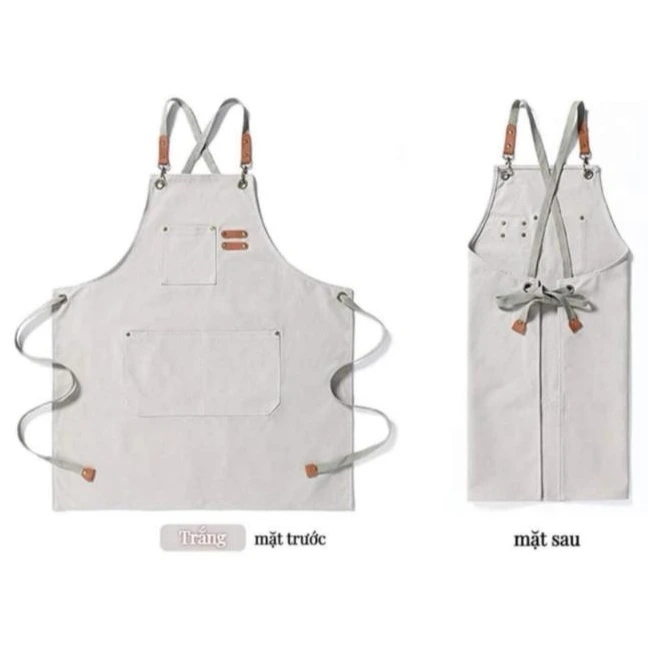 Tạp dề canvas dây chéo màu trắng kem, mặt trước và mặt sau – AKOPA