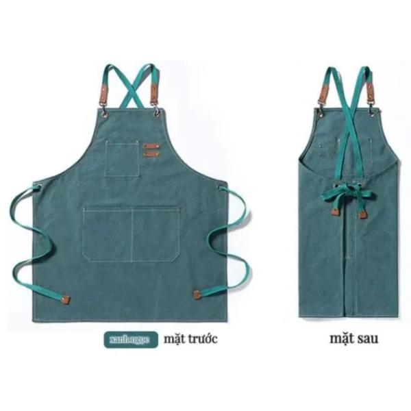 Tạp Dề Canvas Dây Chéo Màu Xanh Ngọc In Thêu Logo – TD09