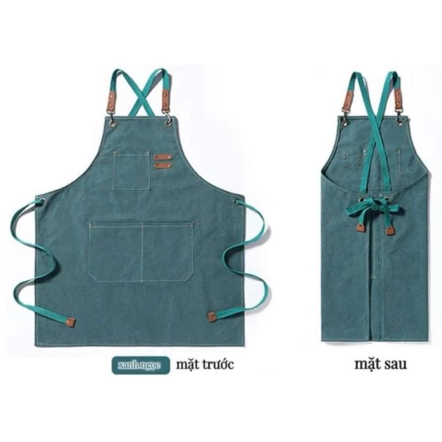 Tạp dề canvas dây chéo màu xanh ngọc, mặt trước và mặt sau – AKOPA