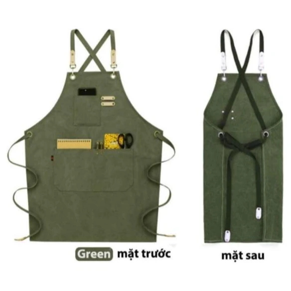 Tạp Dề Canvas Dây Chéo Màu Xanh Rêu In Thêu Logo – TD03