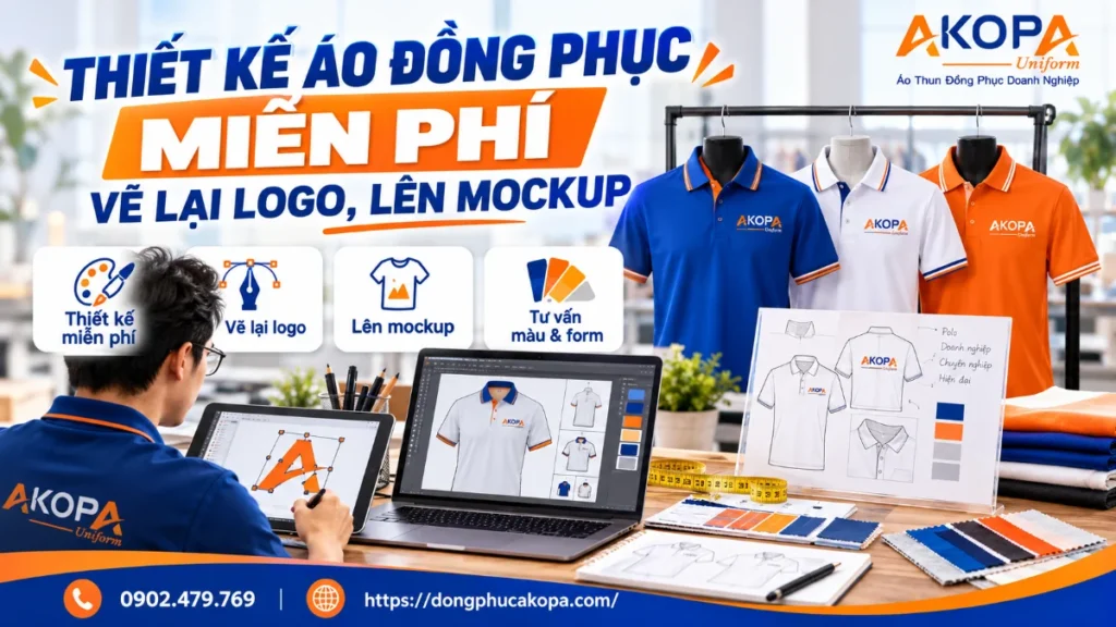 Thiết kế áo đồng phục miễn phí, vẽ lại logo và lên mockup tại AKOPA